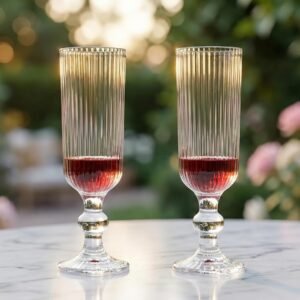 Avastro Vintage Goblet Red White Wine Champagne Flutes Stemware Set Nordic Ripple Ribbed Style Clear Bead Machine Pressed Heavy Glass 150ml Pack of 2
