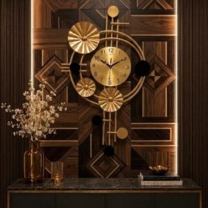 Luxury Metal Wall Clock, Gold and Black, Modern Abstract Design, Silent Quartz Movement, Brushed Brass Finish