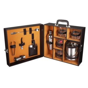 Anything & Everything Bar Sets with Ice Bucket | Portable Leatherette Bar Set | Wine Case | Whisky Case | Wooden Bar Set for Picnic | Portable Bar Accessories Set (04 Whisky Glasses) (Brown & Beige)