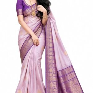 Women's Banarasi Soft Silk Saree with Zari Border, Pink and Purple, 5.5 m with 0.8 m Blouse Piece