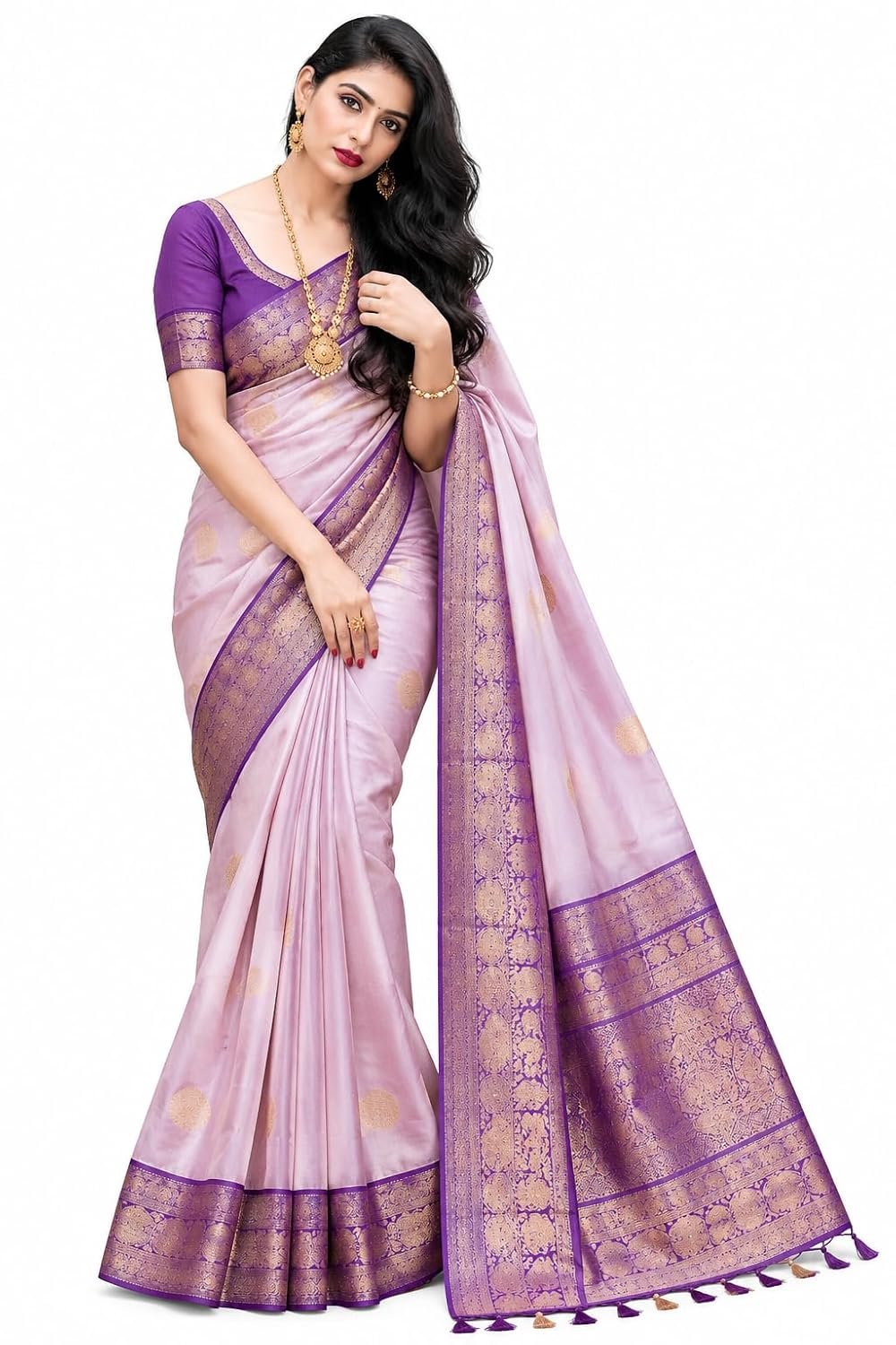 Women's Banarasi Soft Silk Saree with Zari Border, Pink and Purple, 5.5 m with 0.8 m Blouse Piece