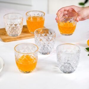 Nestasia Transparent Small Juice Glasses Set of 6 (260 ml Each) - 100% Food Safe & Dishwasher Safe Diamond Textured Tumblers - Ideal for Water, Tea, Coffee & Refreshments - Perfect for Gifting