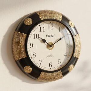 CRAFTEL 12 Inch Brass Fitted Black Polished Wall Clock Antique Decorative Clock with Dome Glass for Living Room Home and Office (Antique Gold, Dial: 8 Inch)