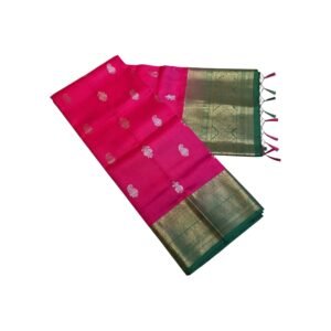 Kanchipuram Pure Silk Saree with Gatti Border | Elegant Handloom Indian Sari | Vibrant Traditional Colour Combination | Luxurious Pure Silk Fabric (Rani Pink & Dark Green)