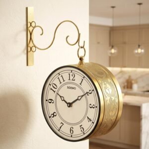Amazon Brand - Solimo 8 Inch Vintage Station Analog Clock One Side Roman and Other Side Numeral Dial (Brass Finish) (Type-3)