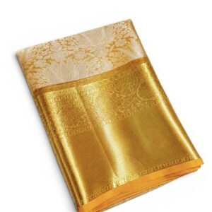 Banarasi Kanjivaram Tissue Silk Saree, Cream and Gold, Woven Zari Border with Floral Design, party, Bridal, Wedding, traditional sari