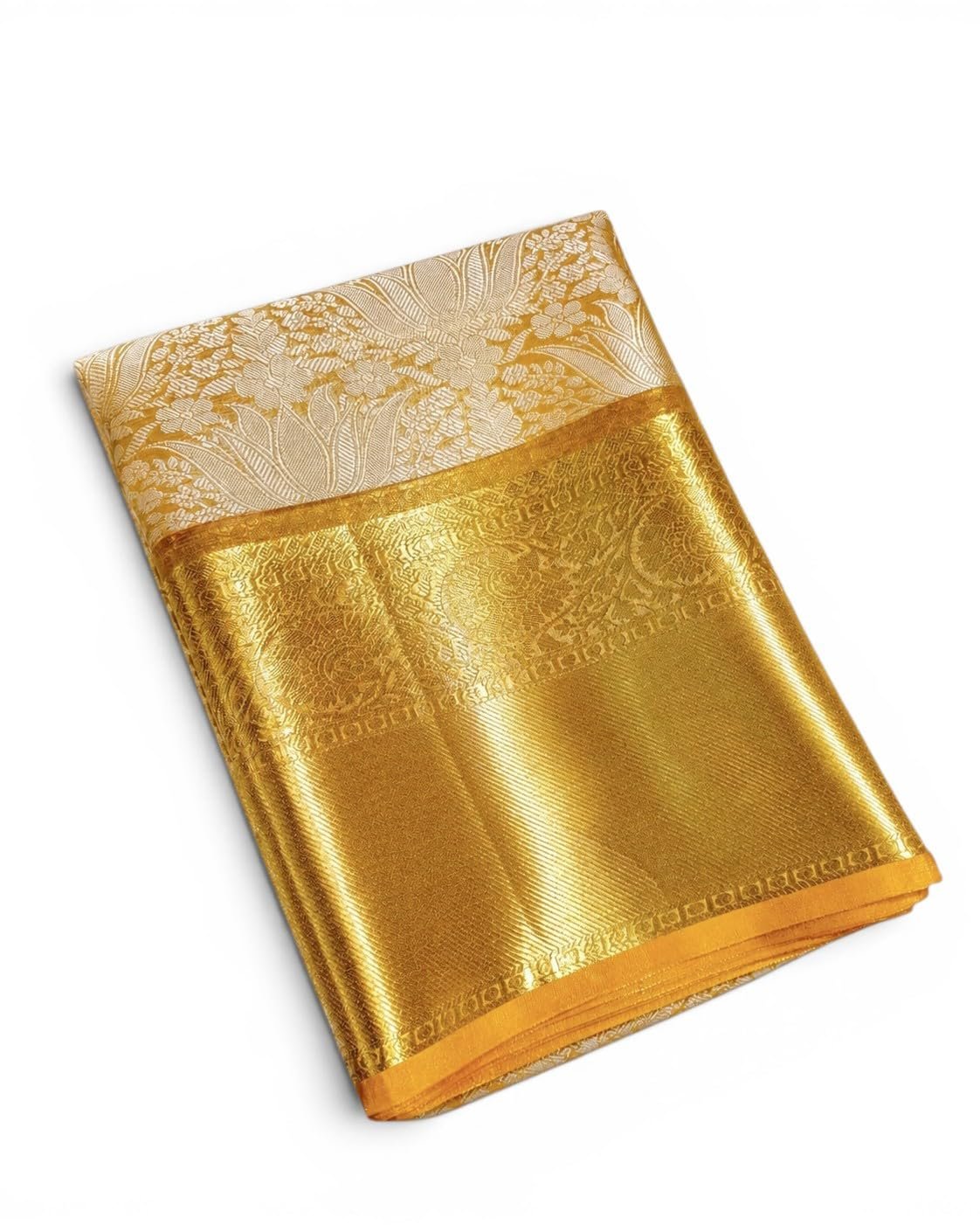 Banarasi Kanjivaram Tissue Silk Saree, Cream and Gold, Woven Zari Border with Floral Design, party, Bridal, Wedding, traditional sari