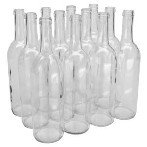 North Mountain Supply 750ml Glass Bordeaux Wine Bottle Flat-Bottomed Cork Finish - Case of 12 - Flint/Clear