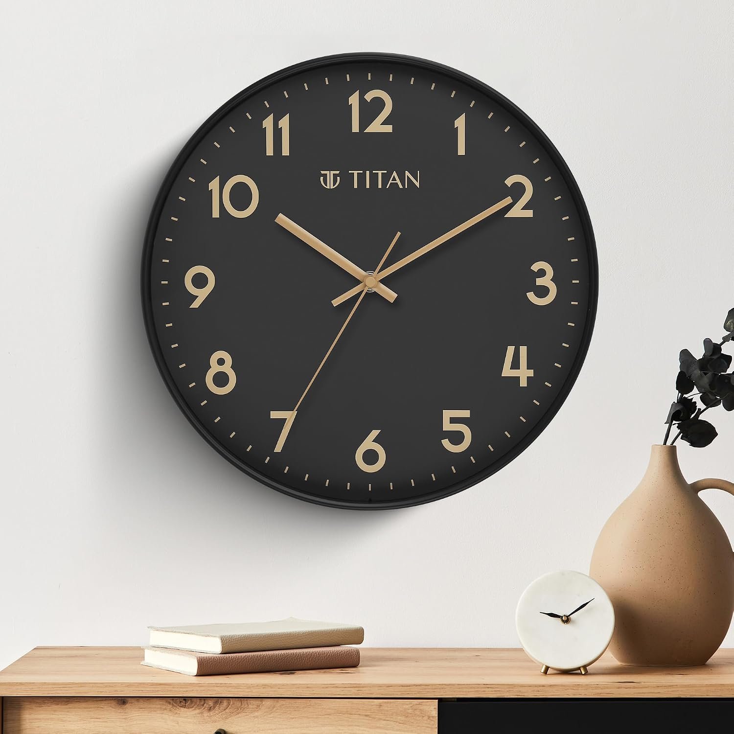 Titan Essence Classic Wall Clock with Black Dial & Case, Silent Sweep, Model W0094PA02 | 30 cm x 30 cm