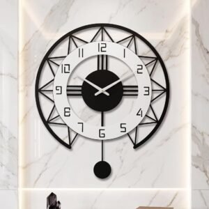 Modern Black and White Geometric Metal Wall Clock with Pendulum