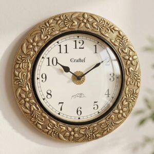 CRAFTEL Silent No Ticking Wall Clock Hand Engraved Brass | English Numerals | Aluminum Matte-Finish Dial | Dial - 8 Inches, Antique Gold | 365 Days Warranty
