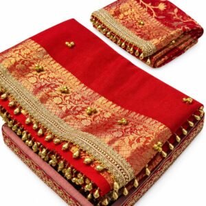 Banarasi Tissue Silk Saree with Ghungru Lace Work, Red