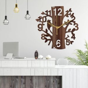 Aum 12" Inch Wooden MDF Tree Shape English Numeral with Bird Wall Clock Without Glass (Brown, 30cm x 30cm)-057