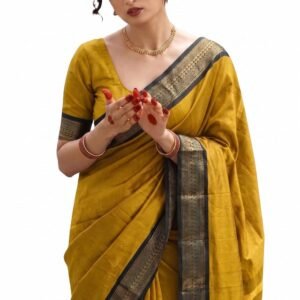 SUPERLAXMI Women's Banarasi Kanjivaram Cotton Silk Saree with Zari Border & Unstitched Blouse