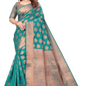 Banarasi Silk Saree for Women | Sea Green Traditional Saree with Antique Copper Zari Border | Ethnic Wear Saree for Festive, Wedding, Party & Cultural Occasions | Elegant Draping Saree