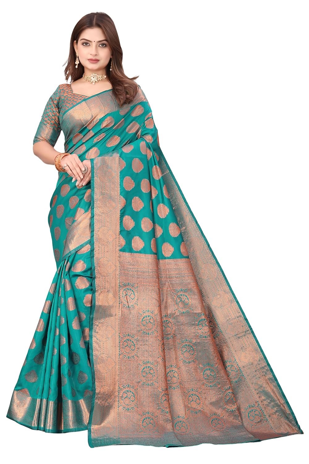 Banarasi Silk Saree for Women | Sea Green Traditional Saree with Antique Copper Zari Border | Ethnic Wear Saree for Festive, Wedding, Party & Cultural Occasions | Elegant Draping Saree
