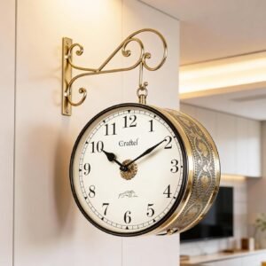 CRAFTEL Vintage Double Sided Station Wall Clock for Hall | Classic English & Roman Numerals Aluminum Dial | 10 Inches, Shiny Gold | Designer Clock for Living Room & Bedroom | 365 Days Warranty
