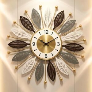 RIOH Decor Premium Metal Wall Clock for Home | Luxury 3D Leaf Design | Silent Sweep Movement | Big Decorative Wall Clock for Living Room, Bedroom & Hall | 60 cm Golden Designer Clock. (Star)