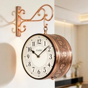 CRAFTEL Vintage Double Sided Station Wall Clock for Hall | Ethnic English Numerals Aluminum Dial | 8 Inches, Rose Gold | Gift for Housewarming, Designer Clock for Living Room | 365 Days Warranty