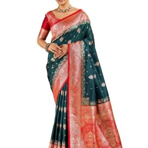 Mehrang Women's Zari Satin Banarasi Silk Saree For Wedding With Gold Zari Woven With Unstitched Blouse Piece