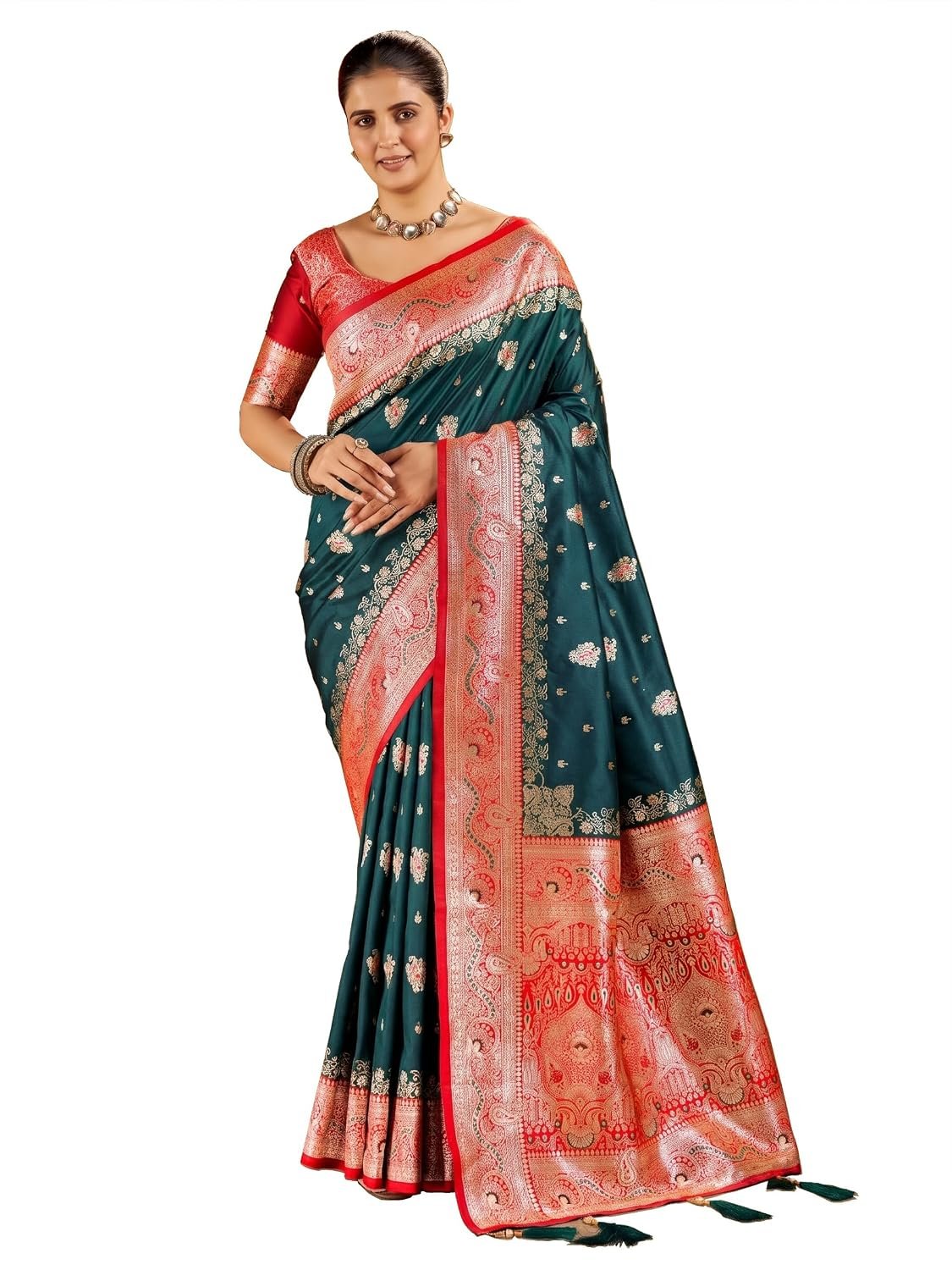 Mehrang Women's Zari Satin Banarasi Silk Saree For Wedding With Gold Zari Woven With Unstitched Blouse Piece