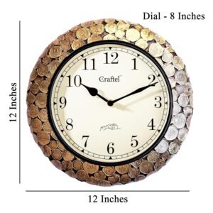 CRAFTEL Silent No Ticking Wall Clock Hand Engraved Brass | English Numerals | Vintage Coin Design Wood Body | Dial - 8 Inches, Antique Gold | 365 Days Warranty