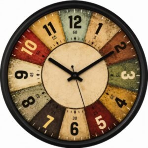 NILOY Vintage Colorful Wooden Style Wall Clock for Living Room & Kitchen Decor | Rustic Farmhouse Round Analog Watch | Silent Non-Ticking Retro Decorative Timepiece for Bedroom, Black Frame
