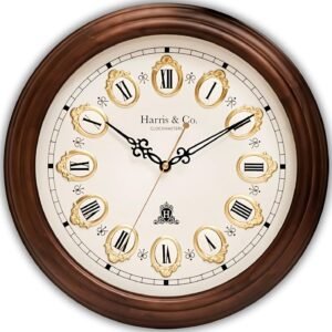 HARRIS & CO. CLOCKMASTERS Luxury Vintage Wooden Wall Clock with Metal Dial and 3D Ornate Gold Embellishments, HD Clear Glass with Silent Sweep Noiseless Technology (14 Inch) Model-Whitehall