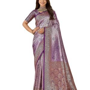 Mehrang Women's Banarasi Silk Kanjivaram Saree For Wedding With Gold Zari Woven Floral Border With Unstitched Blouse Piece