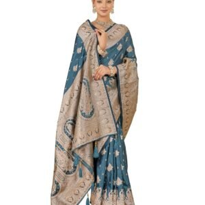 Mehrang Women's Banarasi Silk Kanjivaram Saree For Wedding With Gold Zari Woven Border With Unstitched Blouse Piece