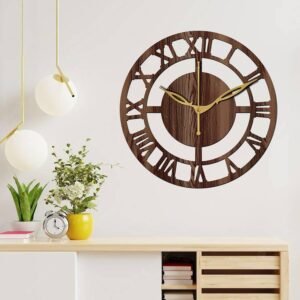 Aum 12" Inch Wooden MDF Roman Numeral Round Wall Clock Without Glass (Brown, 30cm x 30cm)-055