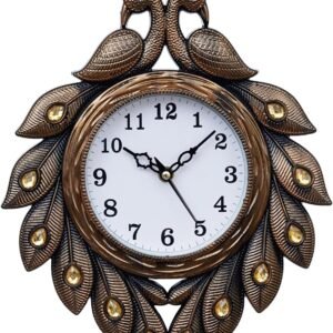 Decorative Peacock Wall Clock, Antique Bronze Finish, Jewelled Feather Design, Home, Office Decor,Unique Watch