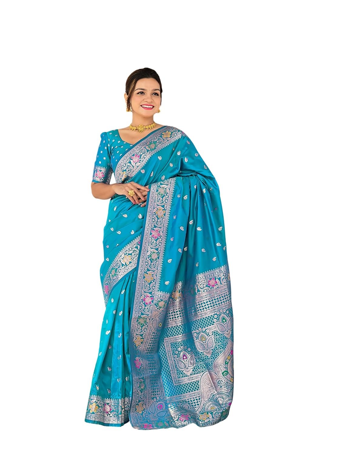 Kaugalian store Pure Soft Banarsi Silk Meenakari Design Rich Tesseled Pallu & Zari Weaving Border Saree for Women with Unstiched Pure Soft Silk Weaving Blouse Piece (BANARSI-5_PARENT)