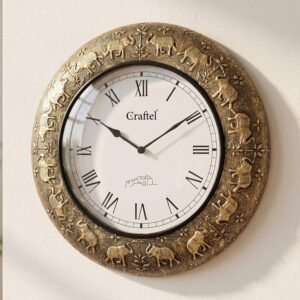 CRAFTEL Brass Embossed Roman Dial Analog Wall Clock Handcrafed Antique Clock For Bedroom Living Room Home And Office (18 Inch, Gold)