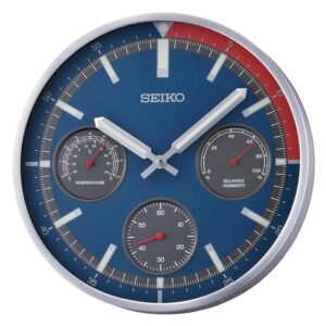 Seiko Aluminium Case Silent Sweep Quartz Wall Clock | Silver Frame & Blue Dial with Thermometer & Hygrometer (Size: 33 X 4.9 cm) QXA822S