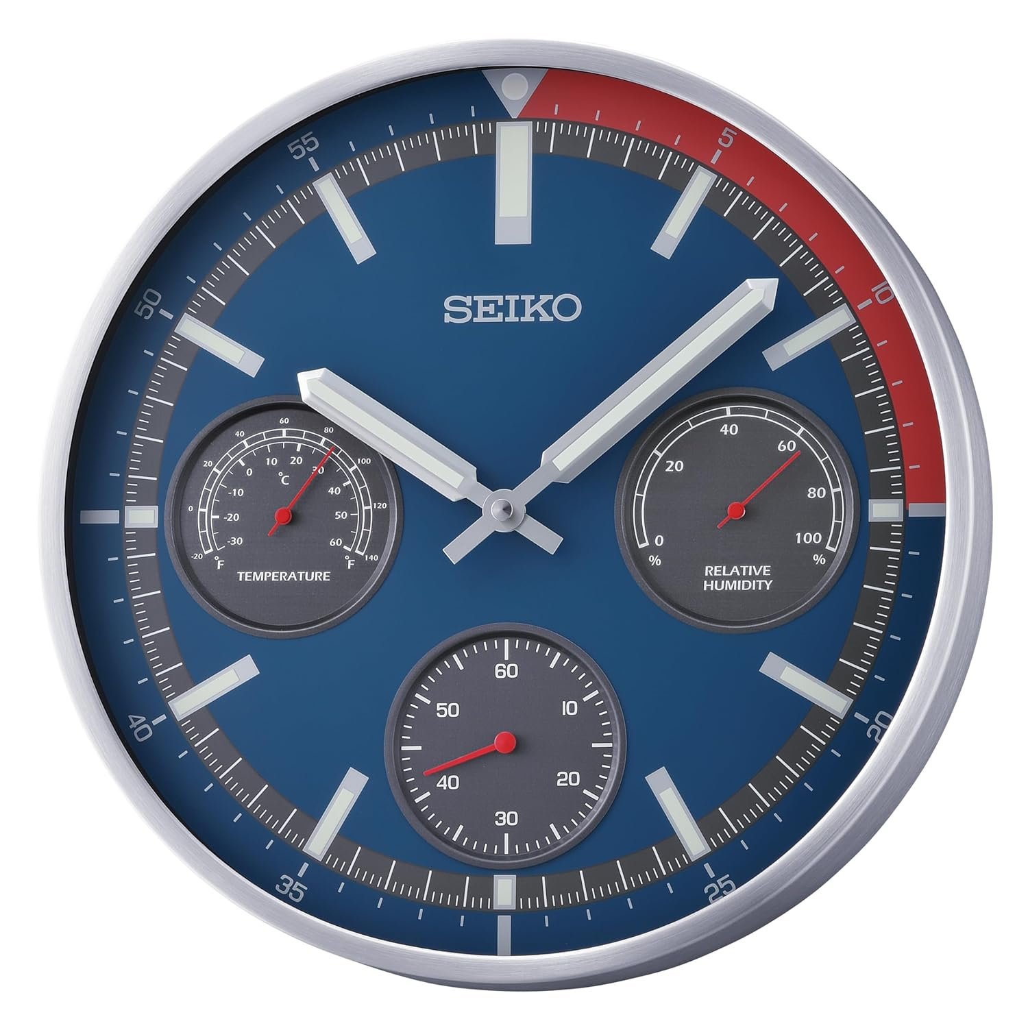 Seiko Aluminium Case Silent Sweep Quartz Wall Clock | Silver Frame & Blue Dial with Thermometer & Hygrometer (Size: 33 X 4.9 cm) QXA822S