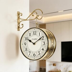 CRAFTEL Vintage Double Sided Station Wall Clock for Hall | Ethnic English & Roman Numerals Aluminum Dial | 10 Inches, Shiny Gold | Gift for Housewarming, Designer Clock | 365 Days Warranty
