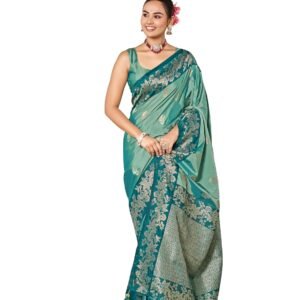MANOHARI Women's Silk Blend Banarasi Jacquard Woven Saree with Rich Zari Border & Tassels | Ethnic Function & Festive Saree with Unstitched Blouse Piece