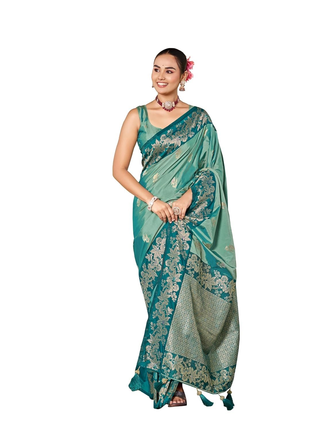 MANOHARI Women's Silk Blend Banarasi Jacquard Woven Saree with Rich Zari Border & Tassels | Ethnic Function & Festive Saree with Unstitched Blouse Piece
