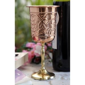 INDIAN ART VILLA Pure Copper Wine Glass with Grape Vines Embossed Design & Brass Bottom, Serving Drinking Wine Cocktail Bar Hotel Restaurant, Volume-300 ML