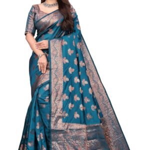 Women’s Banarasi Style Silk Saree | Rich Zari Border & Pallu | Designer Saree (Teal Blue) Banarasi Silk Litchi Silk Fabric with Blouse