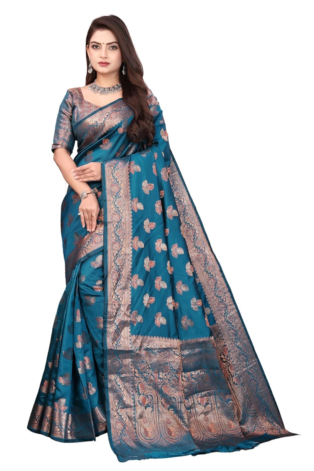 Women’s Banarasi Style Silk Saree | Rich Zari Border & Pallu | Designer Saree (Teal Blue) Banarasi Silk Litchi Silk Fabric with Blouse