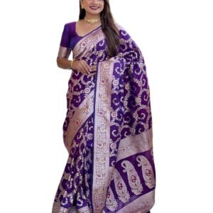 Pandadi Saree Women's Banarasi Silk Zari Meenakari Weaving Saree With Matching Blouse Piece