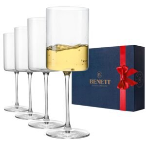 Superlative Edge Wine Glasses Square [Set of 4] Red & White Wine Goblets, Lead Free Premium Clear Glass Bordeaux Wine Glasses Large Bowl Stemware Wine Blown Glasses Wedding Packaging [14 Ounce]
