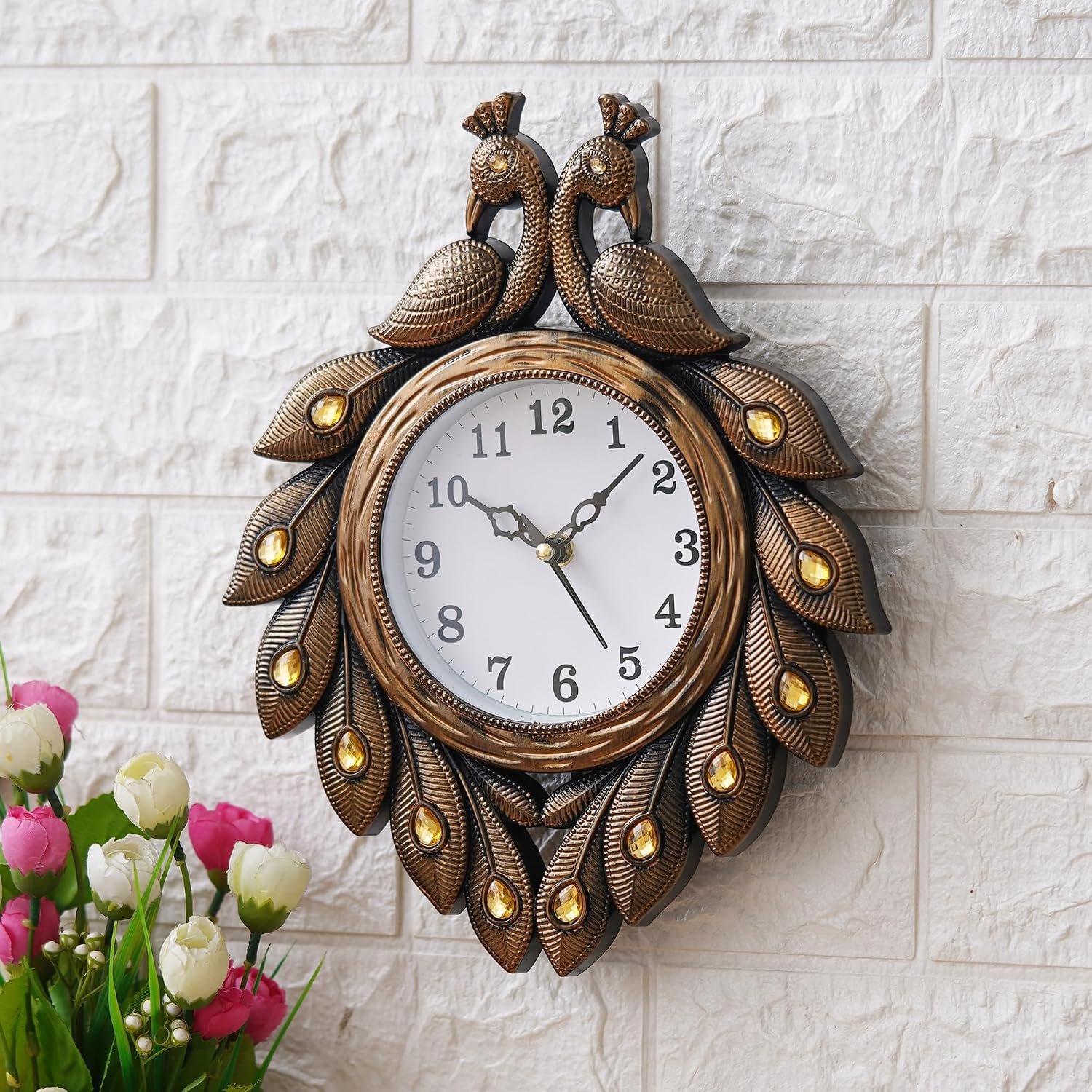 Decorative Wall Clock with Peacock Design | Premium Bronze Finish | Elegant Vintage Wall Décor | Analog Clock | 12 x 9.5 Inches