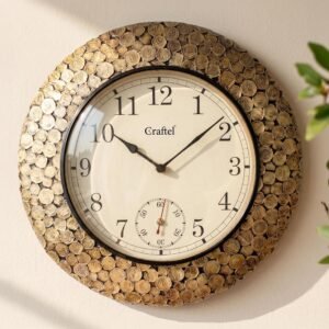 CRAFTEL Brass English Dial Coin Design Wall Clock Handcrafted Antique Clock for Living Room Home and Office (18 x 18 inch, Brown)