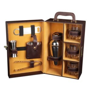 Anything & Everything Premium Bar Accessories Set with Whiskey Glasses | Portable Leatherette Bar Tool Kit in Luxury Carry Case | Bar Set for Travel | Bar Set for Car | (Brown)