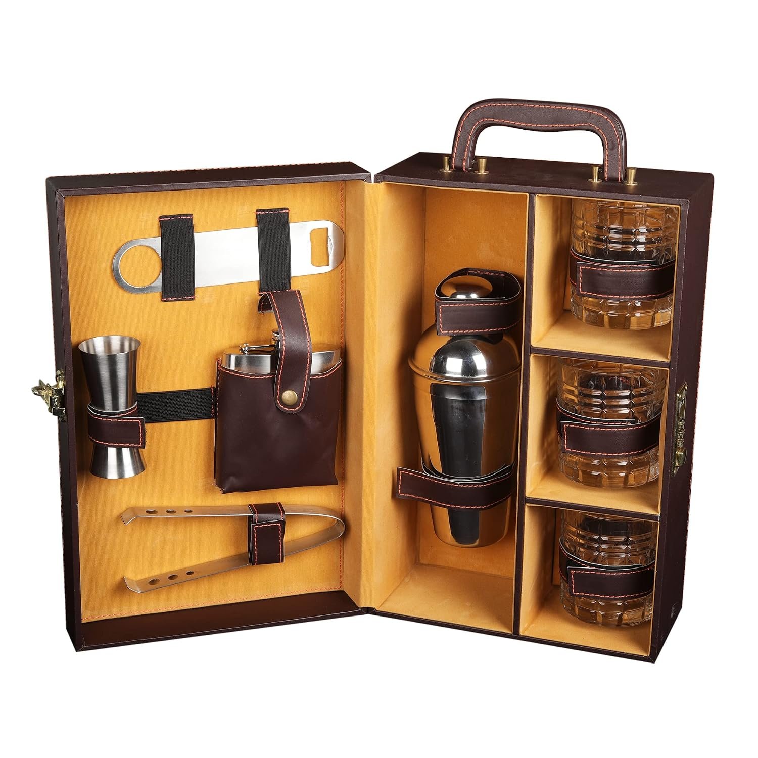 Anything & Everything Premium Bar Accessories Set with Whiskey Glasses | Portable Leatherette Bar Tool Kit in Luxury Carry Case | Bar Set for Travel | Bar Set for Car | (Brown)