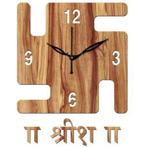 Aum 12" Inch Wooden MDF English Numeral Swastik Square Wall Clock Without Glass (Beige, 30cm x 30cm) - 53