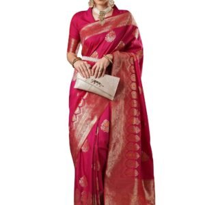 AKHILAM Women's Banarasi Silk Blend Ethnic Motif Zari Work Saree With Unstitched Blouse Piece